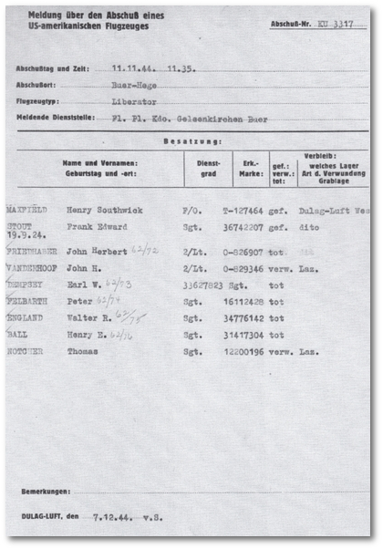 Abschussmeldung  Flugplatzkommando Gelsenkirchen-Buer