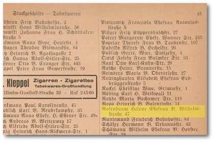 Adressbuch Gelsenkirchen, Ausgabe 1939: Helene Rosenbaum, Tabakgeschäft Rosenbaum, verzeichnet Wilhelmstr. 47