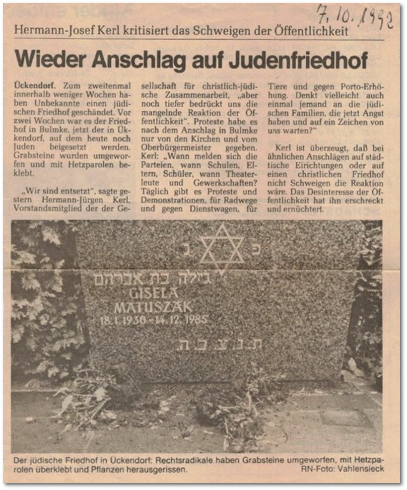 Schändung der Grabstätte Matuszak auf dem jüdischen Friedhof Ückendorf in Gelsenkirchen, 1992. Der Protest aus der Stadtgesellschaft blieb fast gänzlich aus.