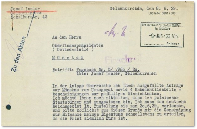Antrag Josef Issler, Gelsenkirchen auf Genehmigung zur Mitnahme seines Eigentums