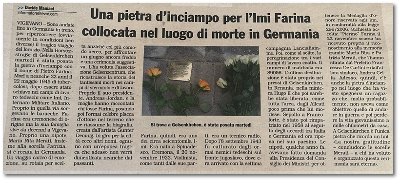 Stolperstein Pietro Farina (IMI) - Zeitungsartikel in Italien 