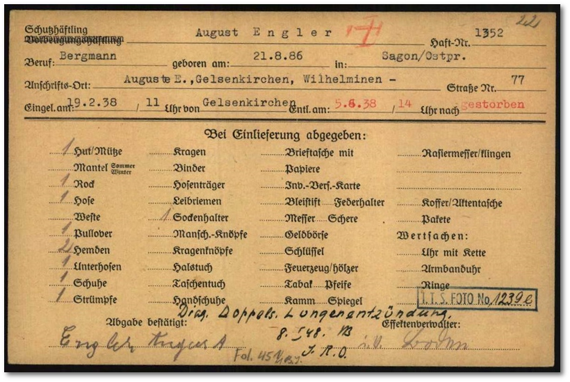 Häftlingskarteikarte aus dem KZ Buchenwald, ausgestellt für August Engler (Arolsen Archives) Häftlingskarteikarte aus dem KZ Buchenwald, ausgestellt für August Engler (Arolsen Archives)