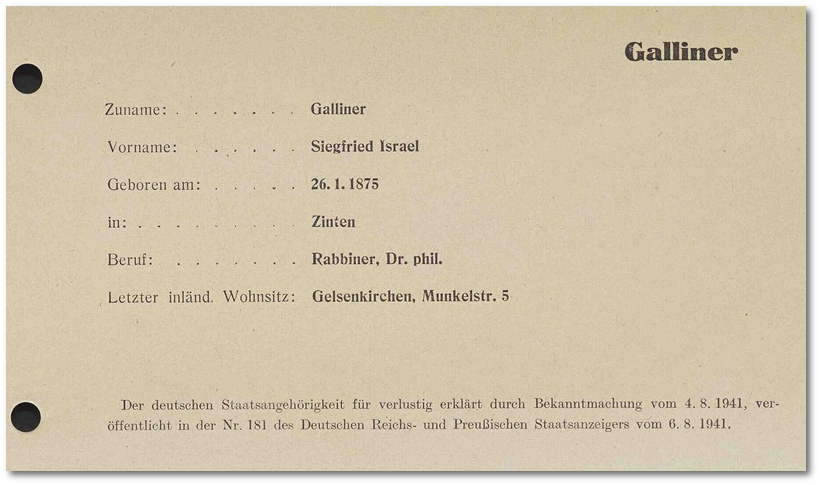 Ausbürgerungskartei DNB - Dr. phil. Siegfried Galliner Ausbürgerungskartei DNB - Dr. phil. Siegfried Galliner