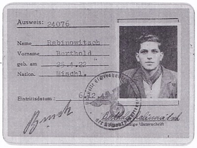 Ausweis der Baufirma Kohlrautz, ausgestellt ausgestellt im Dezember 1944 fr Berthold Rabinowitsch