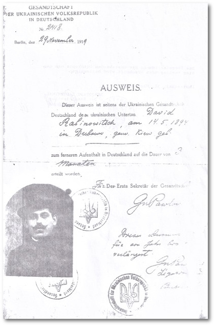 Die Gesandtschaft der Ukrainischen Volksrepublik in Deutschland stellte 1919 diesen Ausweis für David Rabinowitsch aus Ausweis von David Rabinowitsch, 1919