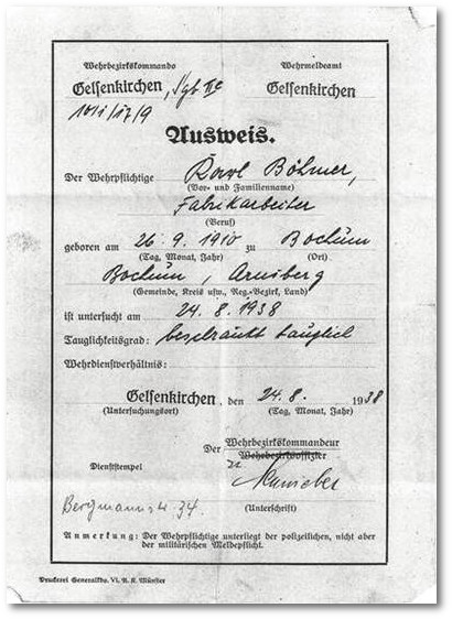 Ausweis, ausgestellt fr den Wehrpflichtigen Karl Bhmer