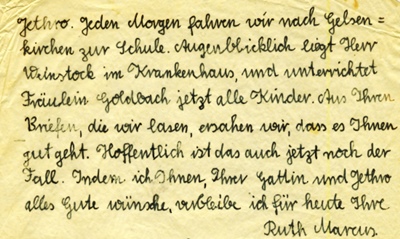 Brief der Recklinghuser Schlerin Ruth Marcus an den ehemaligen Lehrer Erich Jakobs (nach der Flucht des jdischen Lehrers Erich Jakobs aus Recklinghausen im Dezember 1938 mssen die verbleben Schler tglich von Recklinghausen nach Gelsenkirchen pendeln.