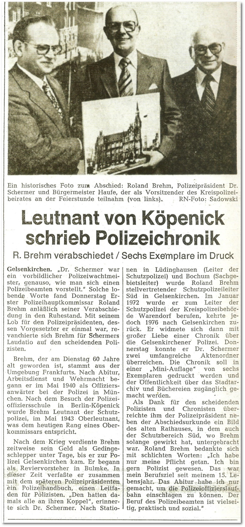 Lokalpresse: Brehm wird 1978 verabschiedet
