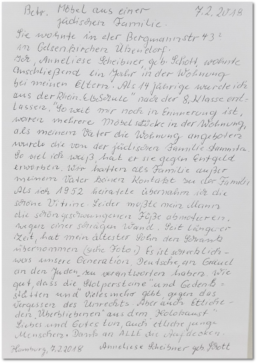 Aus dem Brief, den Anneliese Scheibner, geb. Schott (92) an uns schrieb: 'Es ist schrecklich, was unsere Generation Deutsche an Gräuel an den Juden zu verantworten haben. Wie gut, das die Stolpersteine und Gedenkstätten und vieles mehr gibt, gegen das Vergessen des Unrechts.'