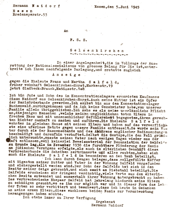 Brief von Herman Neudorf an die Field Security Sections (FSS)