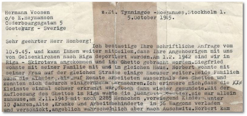 Auszug aus einem Brief, den Hermann Voosen am 5. Oktober an Herrn Homberg geschrieben hat. Beide wurden am 27. Januar 1942 von Gelsenkirchen nach Riga deportiert