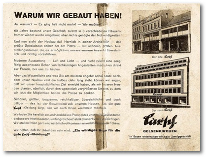 Herren- und Knabenbekleidung Gustav Carsch u. Co. an der Gelsenkirchener Bahnhofstrasse. Seite einer Werbeschrift von 1933