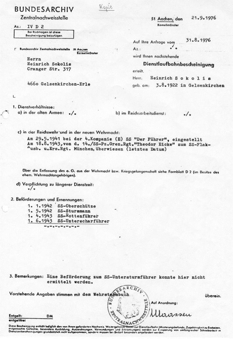 Dienstlaufbahnbescheinigung f�r Heinrich Sokolis