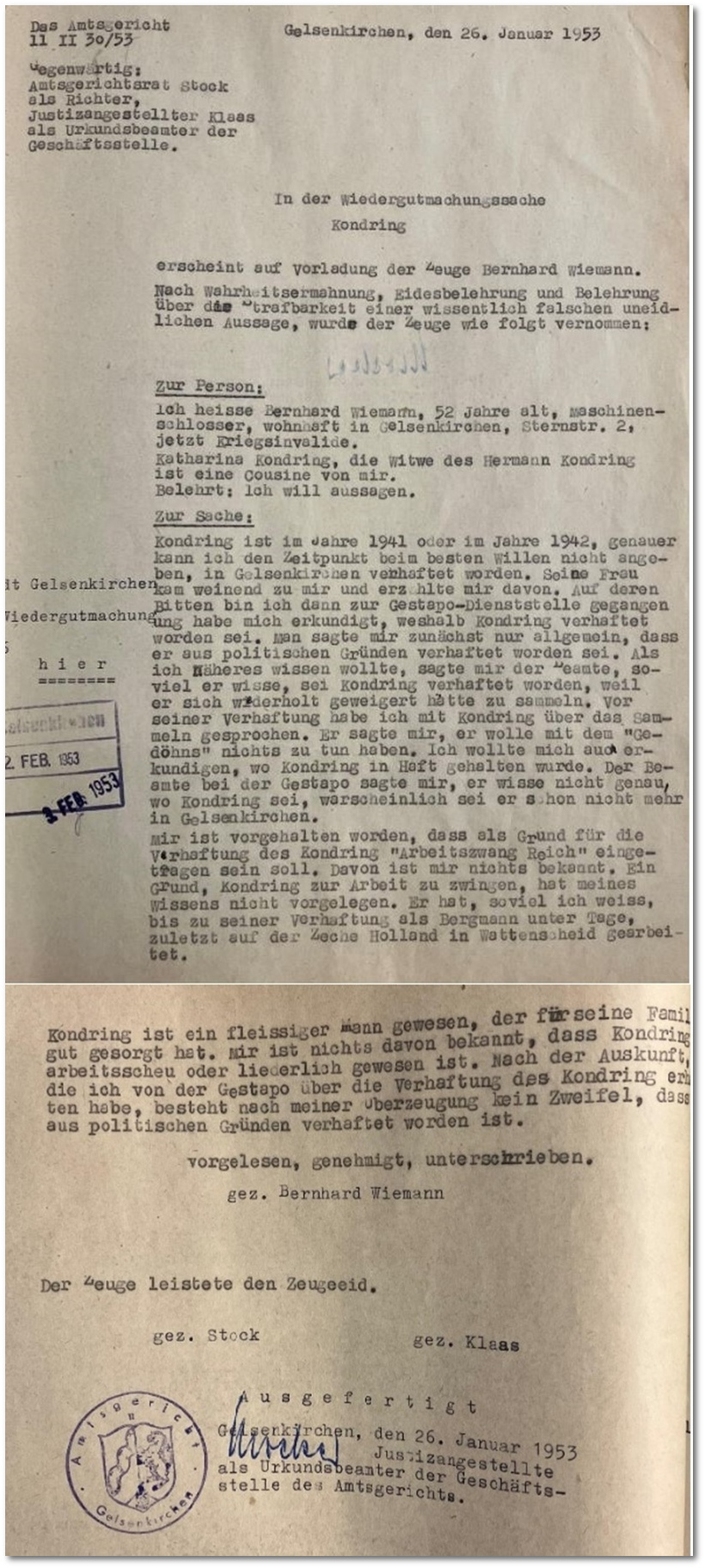 Zeugenaussage von Bernhard Wiesmann in der 'Wiedergutmachungssache' Kondring 