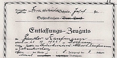 Abb. 3: Entlassungszeugnis  der Israelitischen Schule Josefstrasse in Gelsenkirchen fr Gnther Kaufmann vom 24. Mrz 1937. Zum Vergrern anklicken.