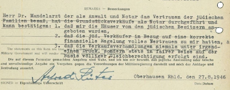 Ausschnitt aus der so genannten 'Entnazifizierungsakte' Rüter, Alfred Ausschnitt aus der so genannten 'Entnazifizierungsakte' Rüter, Alfred