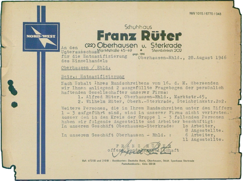Ausschnitt aus der so genannten 'Entnazifizierungsakte' Rüter, Wilhelm Ausschnitt aus der so genannten 'Entnazifizierungsakte' Rüter, Wilhelm