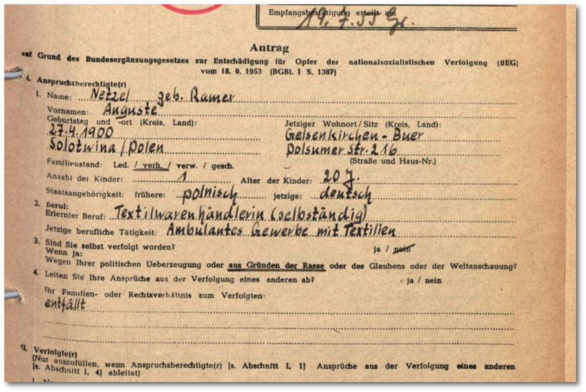 Auszug aus der 'Wiedergutmachungsakte' von Auguste Netzel
