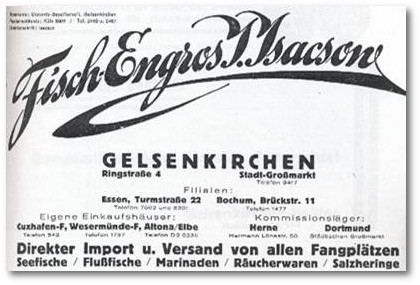 Werbeanzeige von 1927 der Firma Fisch-Engros I. Isacson, Gelsenkirchen, Ringstrasse 4.