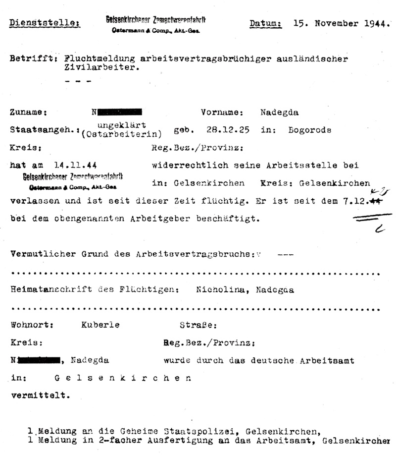 Fluchtmeldung einer Zwangsarbeiterin, Durchschläge an Gestapo und Arbeitsamt Gelsenkirchen