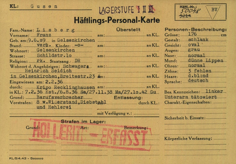 Häftlings-Personalkarte Franz Lisberg, KZ Gusen Häftlings-Personalkarte Franz Lisberg, KZ Gusen