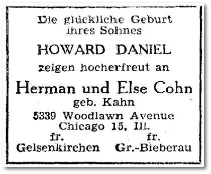 Geburtsanzeige in Aufbau, 27. September 1946<