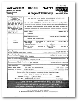 Gedenkblatt in Yad Vashem fr Martha Alsberg