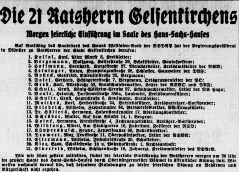 Gelsenkirchen im Natinalsozialismus - Stadtrat 1935