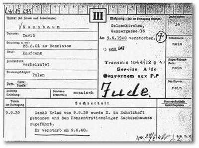 Karteikarte der Gestapo Münster, David Nussbaum. Kopie aus ITS, Bad Arolsen