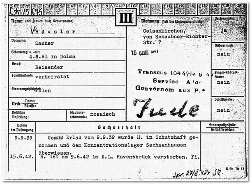 Karteikarte Sacher Häusler, Gestapo Münster. Quelle: Arolsen Archives
