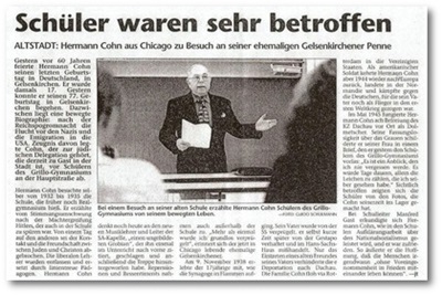 Zeitungsartikel: Herman Cohn besucht seine alte Schule (Grillo Gymnasium) in Gelsenkirchen