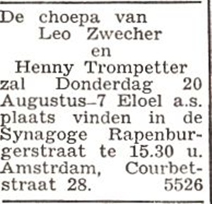 Heiratsannonce in Het joodsche Weekblatt vom 14. August 1942