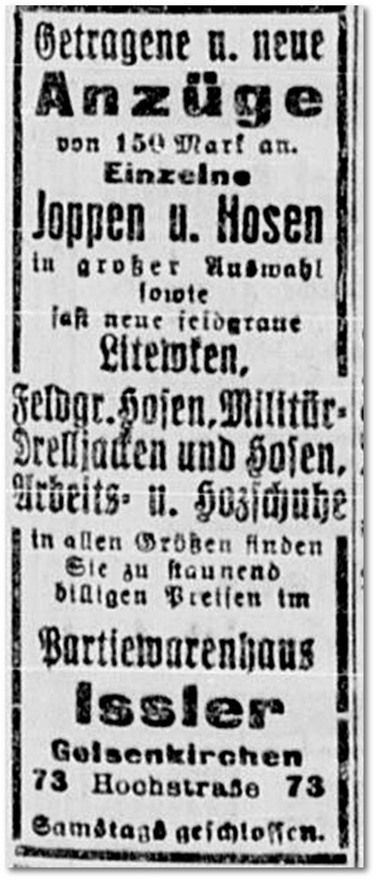 Issler Partiewarenhaus, Gelsenkirchen (Anzeige in der Gelsenkirchener Allgemeine Zeitung vom 3. Mai 1921)