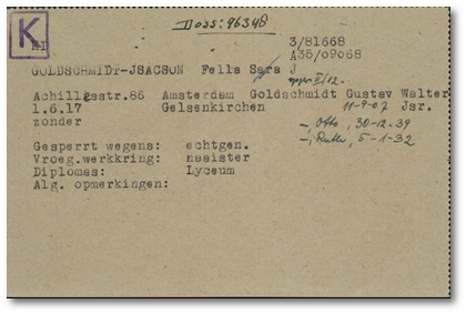 Karteikarte Fella Goldschmidt-Isacson, Arolsen Archives