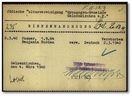 Karteikarte Reichsvereingung der Juden - Bewjamin Posner