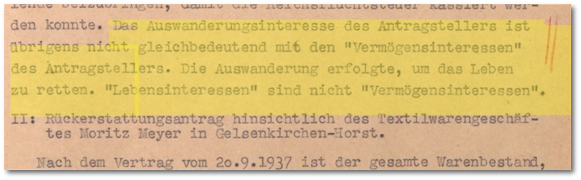 Die Auswanderung erfolgte, um das Leben zu retten, 'Lebensinteressen' sind nicht 'Verm�gensinteressen'