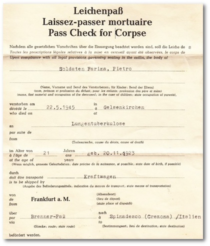 Leichenpass Pietro Farina