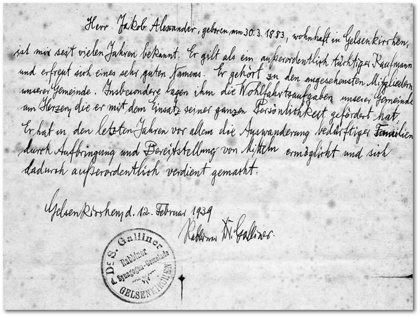 Empfehlungsschreiben für Jakob Alexander, ausgestellt von Dr. Siegfried Galliner am 12. Februar 1939 in Gelsenkirchen