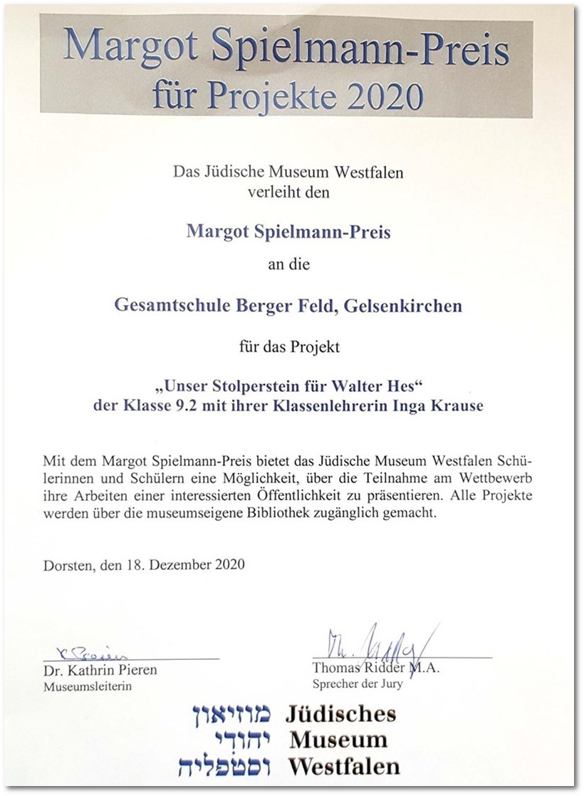 Schler:Innen der Gesamtschule Berger Feld bernahmen die Stolperstein-Patenschaft fr Walter Hes