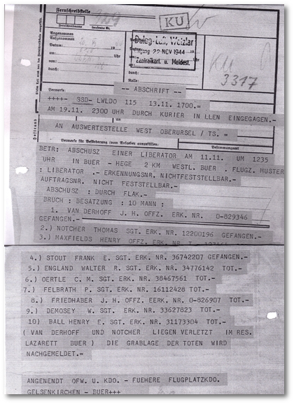 Abschussmeldung des Flughafenkommandeurs Hugo Angenendt, Flugplatzkommando Gelsenkirchen-Buer