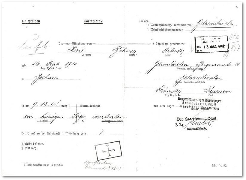 Die Kommandatur des KZ Niedernhagen meldet Karl Bhmers Tod an das Wehrmeldeamt Gelsenkirchen