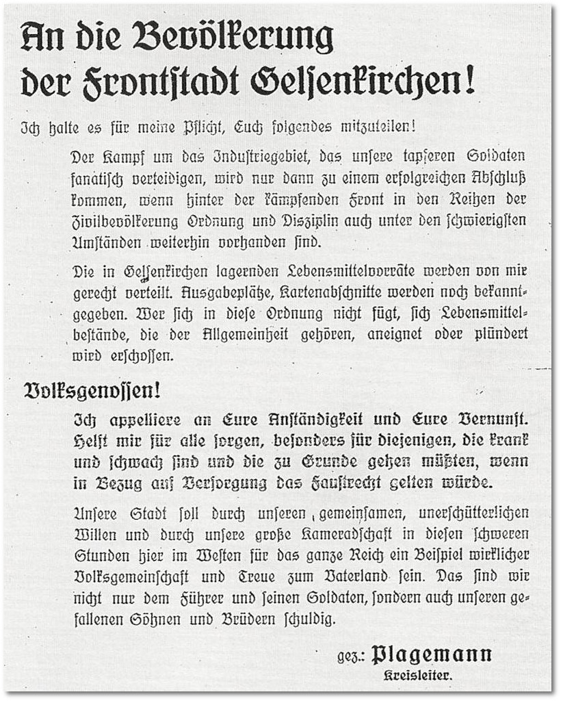 Durchhalteappell von Kreisleiter Otto Plagemannan die Gelsenkirchener Bevlkerung vom 7. April 1945