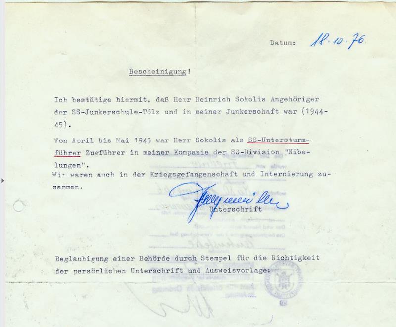 So genannter 'Persilschein' f�r Heinrich Sokolis