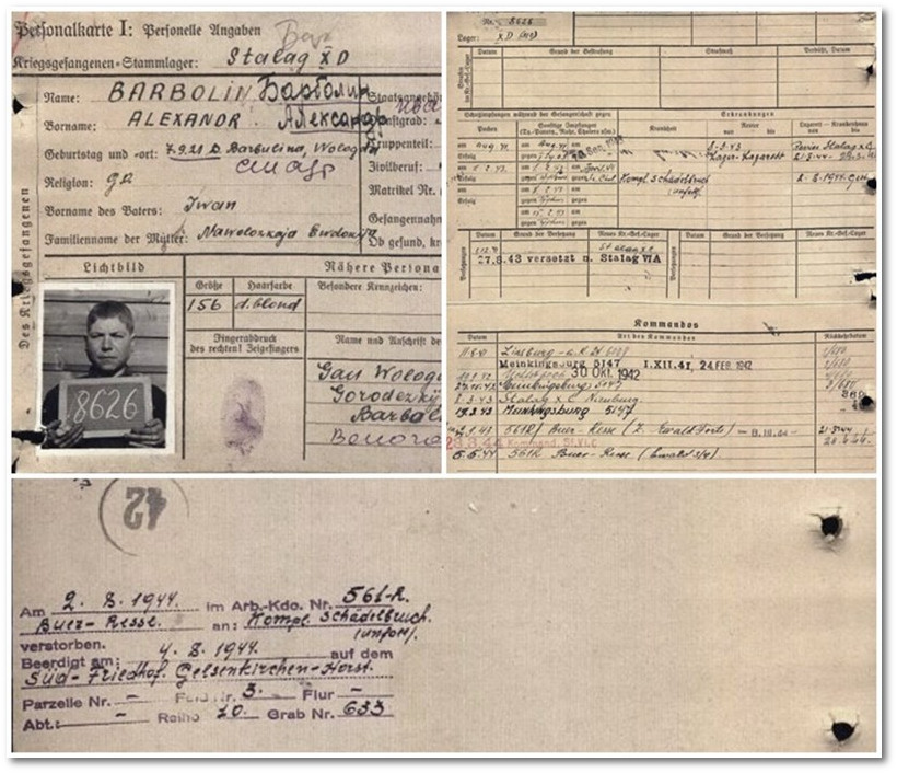 Peronalkarte Alexandr Barbolin, Zwangsarbeitender Russe, zuletzt im Arbeitskommando 561R, Buer-Resse,Ewald 3/4, gestorben am 2. August 1944, Kompl. Schdelbruch (Unfall) 