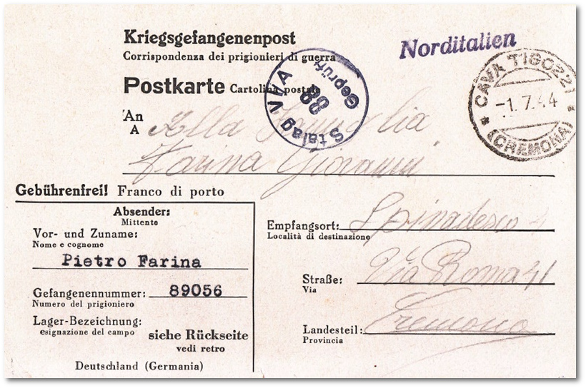 Pietro Farina schickt eine Postkarte in die Heimat, Datum 11. Juni 1944