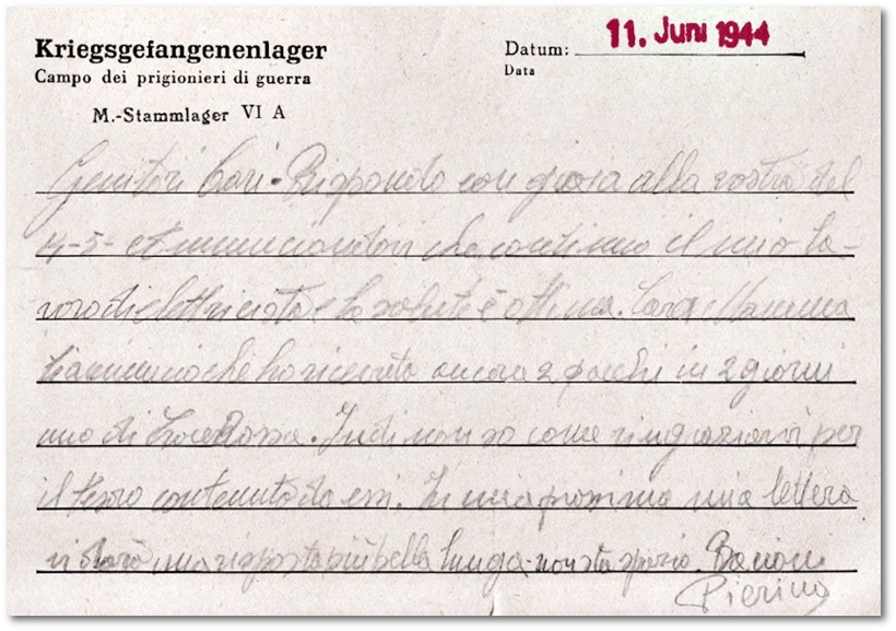 Pietro Farina schickt eine Postkarte in die Heimat, Datum 11. Juni 1944