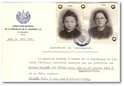 Salvadorianische Staatsbürgerschafts-Bescheinigung für Ruth und Sara Spiegel, ausgestellt von Georges Mandel-Mantello.