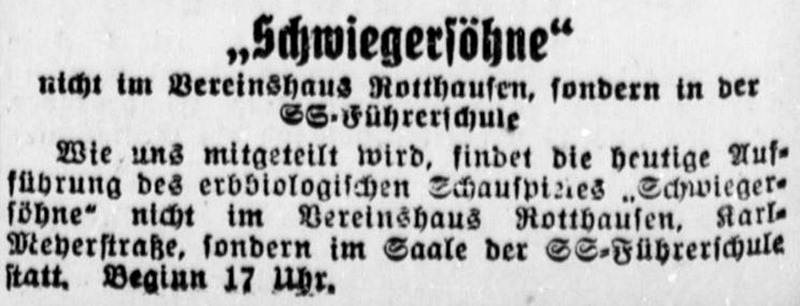 'Erbbiologisches Schauspiel Schwiegersöhne' in der SS-Führerschule Gelsenkirchen-Rotthausen