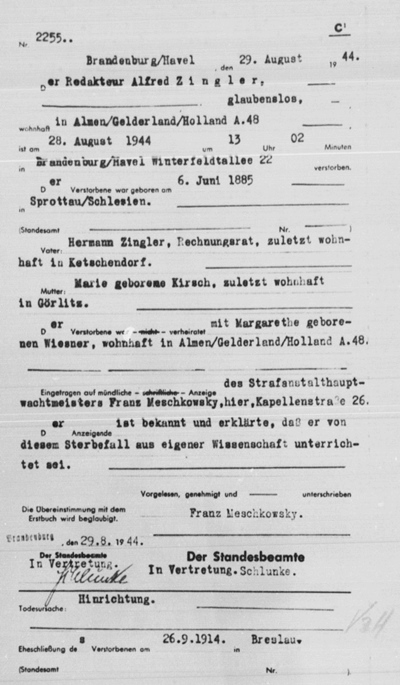Sterbeurkunde Alfred Zingler, Arolsen Archives