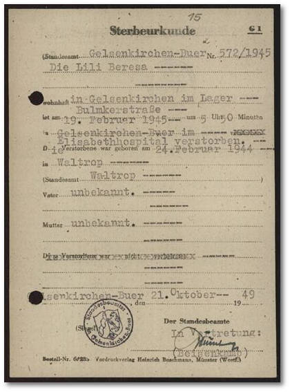 Sterbeurkunde Lili Beresa (Arolsen Archives)
